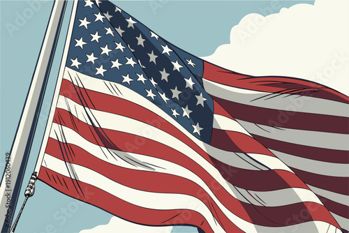 Illustration vectorielle réaliste du drapeau américain flottant au vent sur un mât, avec soleil brillant et ciel bleu lumineux en arrière-plan.