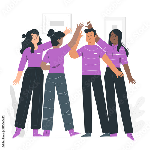 Group of diverse women high-fiving in purple athletic wear teamwork success celebration