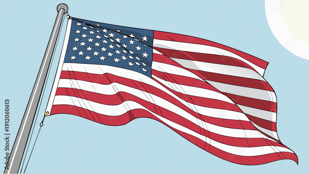 Fototapeta premium Illustration vectorielle du drapeau américain flottant au vent sur un mât, avec soleil lumineux et ciel bleu en arrière-plan.