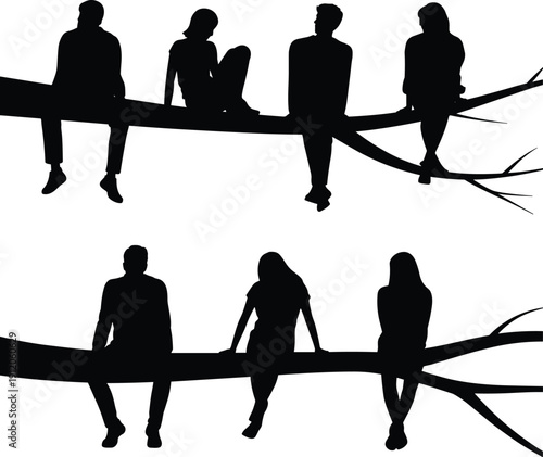 Black silhouette collection of people sitting on tree branches, relaxed poses in nature, friendship and contemplation concept isolated on white background
