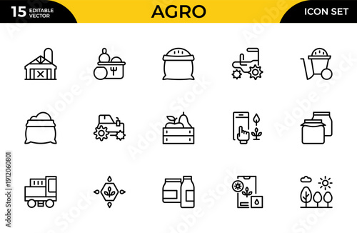 Agro and Farming Line Icon Set – Gardening, Harvest and Agriculture Outline Icons Collection with Editable Stroke Vector Symbols