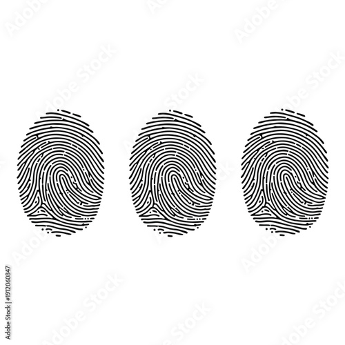 A unique black ink fingerprint vector illustration featuring a biometric thumbprint pattern for forensic identification, criminal evidence, and secure identity verification in police or d