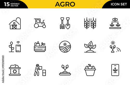 Agro and Farming Line Icon Set – Gardening, Harvest and Agriculture Outline Icons Collection with Editable Stroke Vector Symbols