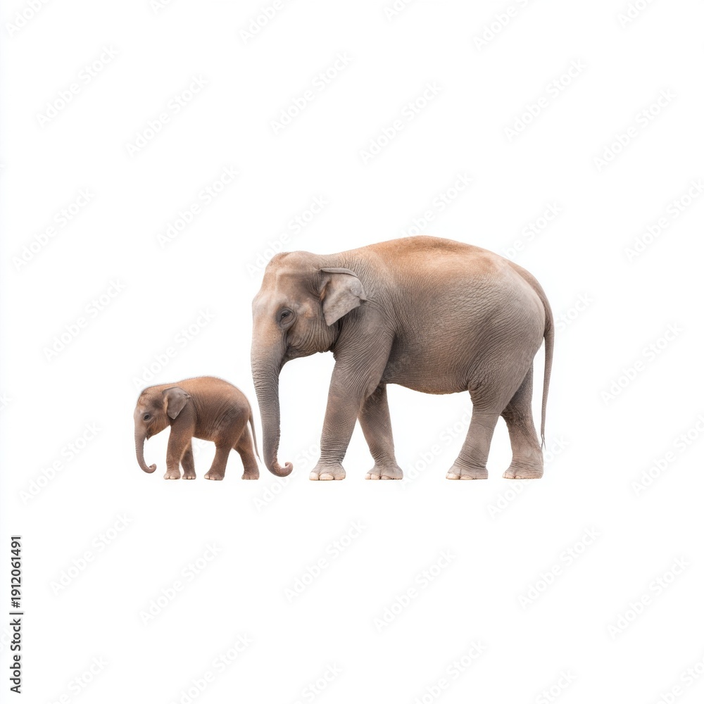 Fototapeta premium Adult and Baby Elephant Walking Together in a Studio Setting, Isolated on White Background, Symbolizing Family Bonds and Nature Conservation