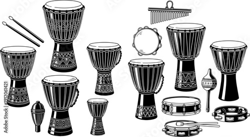 Percussion instrument silhouette collection with djembes, tambourines, maracas, kalimba, drumsticks, and rhythm vector art for music and education