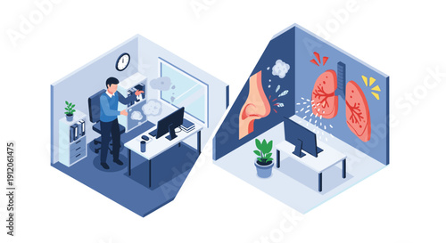 Isometric illustration of a man smoking in an office, with a diagram showing the harmful effects of smoke inhalation on the respiratory system.