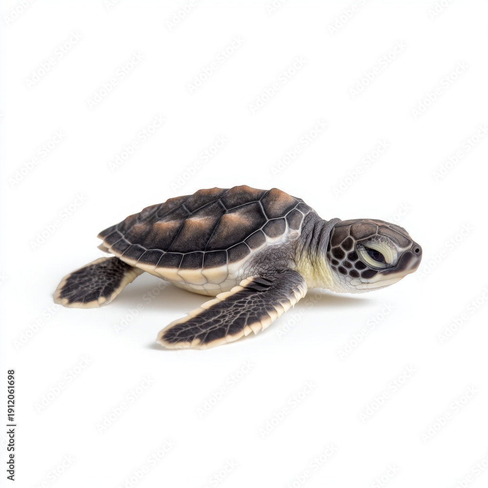 Obraz premium Realistic baby sea turtle on white background perfect for nature and wildlife themes in stock photography