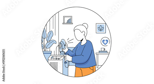 Circular icon-style illustration of a woman at home using a portable oxygen concentrator for respiratory therapy and improved breathing.