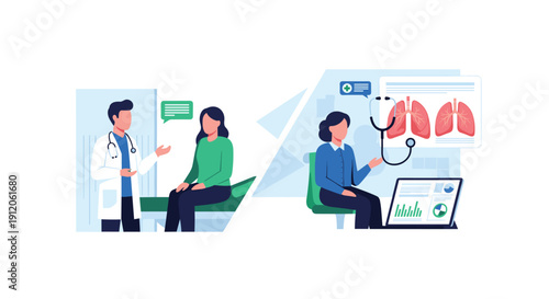 Split-screen illustration showing a male doctor consulting a female patient and a doctor analyzing lung scans online for a telehealth diagnosis.
