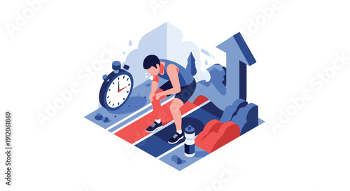 Isometric illustration of an exhausted athlete catching his breath after a race, highlighting the physical limits and challenges of sports.