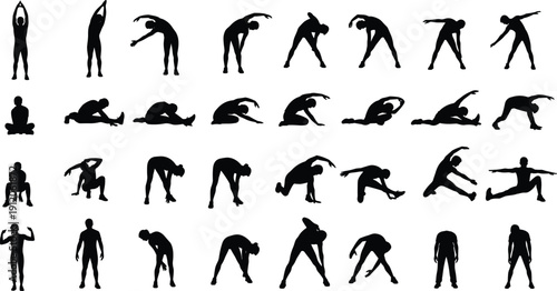 Stretching exercise silhouette collection with fitness poses, mobility movements, flexibility training, warm up vector for health, therapy, and workout