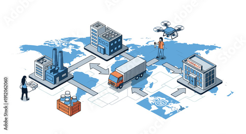 Isometric illustration of a global pharmaceutical supply chain, from manufacturing and logistics to drone delivery at a local pharmacy.