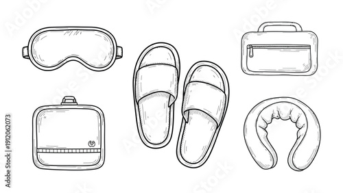 Travel Comfort Essentials: A top-down illustration of a curated collection of travel essentials, perfect for ensuring a comfortable and relaxing journey.