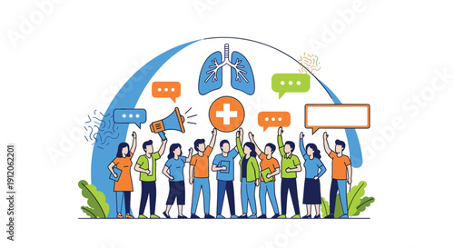 A diverse group of people rally together for lung health awareness, holding a medical plus sign and using a megaphone to spread the message.