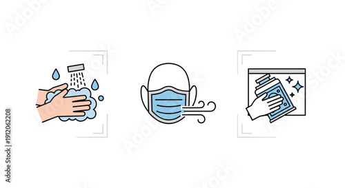 A set of three icons illustrating essential hygiene practices: washing hands with soap, wearing a face mask, and disinfecting surfaces.