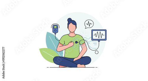 A woman meditates peacefully while wearing a Holter monitor to record heart activity, illustrating ambulatory cardiac monitoring at home.