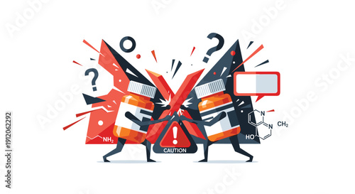 Two anthropomorphic pill bottles fighting, representing the concept of drug interactions, contraindications, and medication safety warnings.