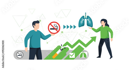 Conceptual illustration about the benefits of quitting smoking, showing a man with a no-smoking sign and a woman holding healthy lungs.