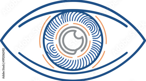 Abstract eye with concentric rings representing glaucoma in blue, gray, and orange tones, medical illustration style, vector art