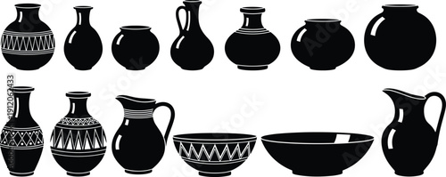 Traditional pottery vessel silhouettes, black vector design, ancient vases, jugs, bowls, pitchers, decorative ceramic art, archaeology icons, cultural heritage illustration