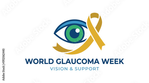 World Glaucoma Week Logo with Eye Symbol and Awareness Ribbon, Vision & Support Campaign, Flat Design, Blue Green Gold