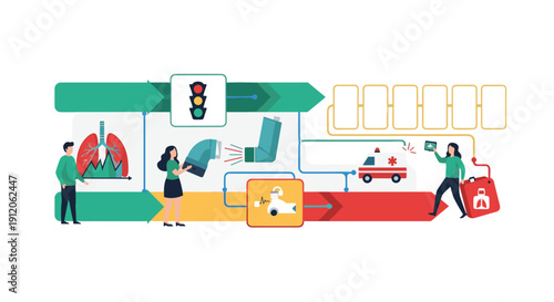 An infographic showing an asthma action plan with traffic light zones for symptoms, inhaler use, and when to call for an ambulance.