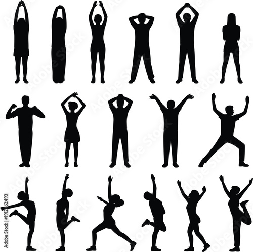 Black silhouette collection of people stretching and exercising, fitness workout poses, healthy lifestyle concept, body flexibility training isolated on white background