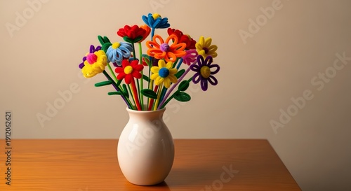 Wallpaper Mural Colorful handmade paper flowers in white vase on wooden table minimalist decor Torontodigital.ca