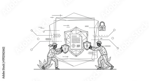 Polygonal line art of two people holding shields to protect a secure document, representing cybersecurity and data protection in technology.