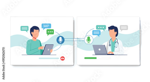 A patient uses a tablet for a voice-enabled telehealth chat with a doctor on a laptop, illustrating modern remote medical consultation.