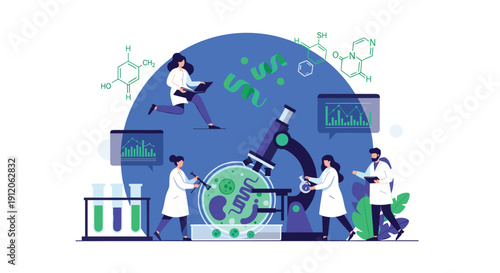 A team of scientists in a laboratory collaborates on microbiological research, using a large microscope and analyzing data on screens.