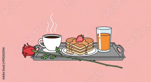 Delicious breakfast setup with pancakes coffee and juice on a tray with a rose perfect for a romantic morning