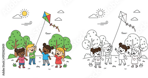 Cute diverse children playing with a kite in the park vector illustration. Happy kids outdoor summer activity. Coloring book page with colored example and black and white outline.