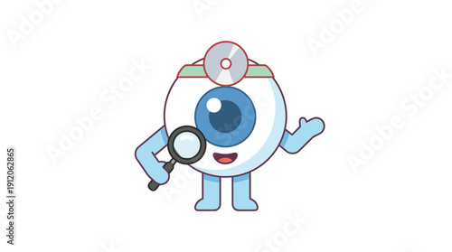 Cartoon Eye Doctor Character with Magnifying Glass and Otoscope for Glaucoma Awareness