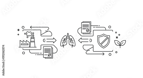 Line art infographic illustrating the impact of industrial pollution on lung health and the importance of environmental protection regulations.