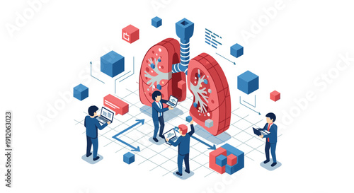 Isometric illustration of a team of professionals analyzing a 3D model of human lungs, representing medical research and collaboration.