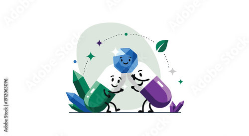 Two cute, anthropomorphic capsule pills high-fiving, surrounded by crystals and a leaf, representing the magic of effective medicine.