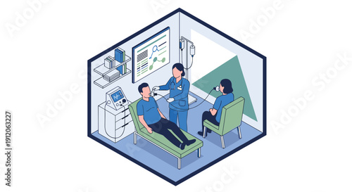 Isometric view of a medical clinic room where a nurse is providing oxygen therapy to two patients simultaneously with modern equipment.