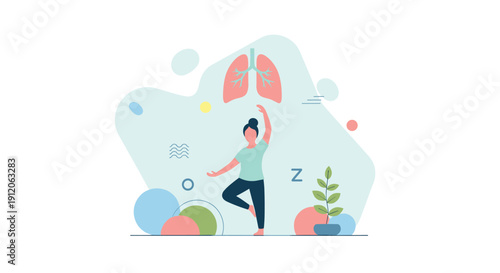 A woman practices a calming yoga pose with a large lung icon in the background, symbolizing the connection between breathing and wellness.
