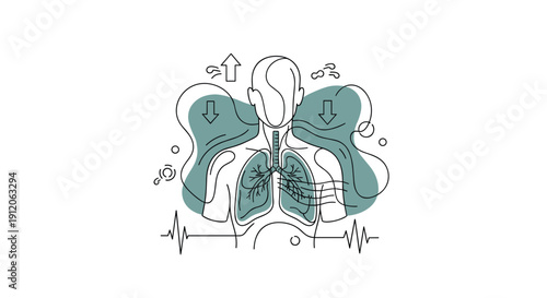 A stylized line art drawing of the human respiratory system, showing the process of inhalation and exhalation with arrows and a heartbeat.
