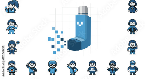A collection of pixel art characters representing various professions surrounding a large, pixelated asthma inhaler, symbolizing community health.