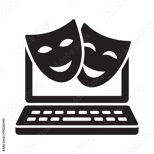 Digital theater Two smiling masks displayed on a laptop screen