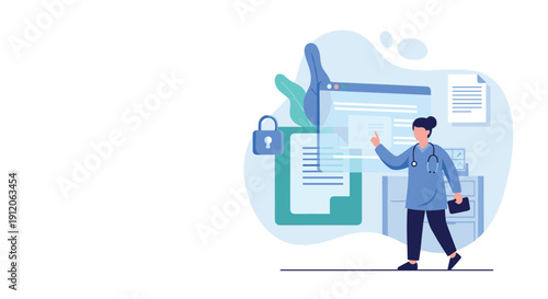 Female doctor accesses secure electronic health records through a futuristic digital interface, symbolizing data privacy and technology in healthcare.