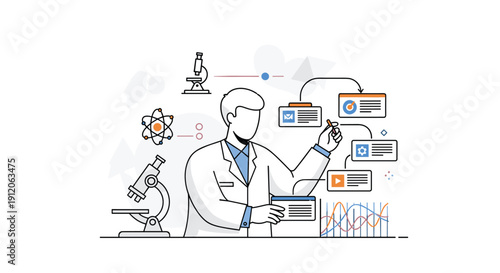 Male scientist in a lab coat managing a complex research workflow and analyzing data represented by various scientific icons.