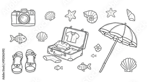 Summer Essentials: Artistic illustration of a collection of essential items for a seaside vacation, evoking the essence of travel and leisure. 