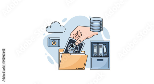 Conceptual illustration of data management, showing a hand organizing digital information into folders for secure cloud storage.