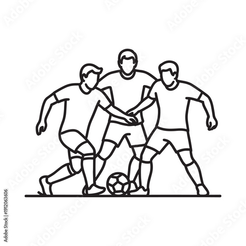 Three soccer players in a dynamic line art illustration