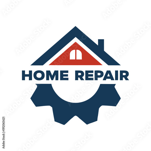 Blue and red house with gear symbol and home repair text