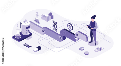 Isometric illustration of the pharmaceutical drug discovery and development pipeline, from laboratory research to final medication.