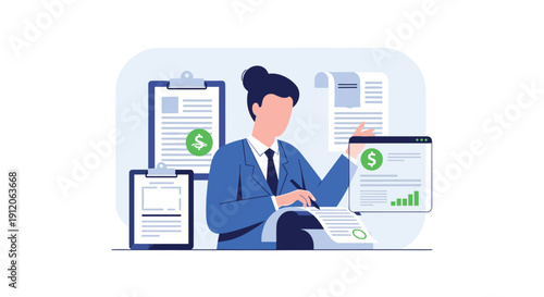 Professional accountant or financial manager reviewing invoices, reports, and financial data with charts for budgeting and analysis.